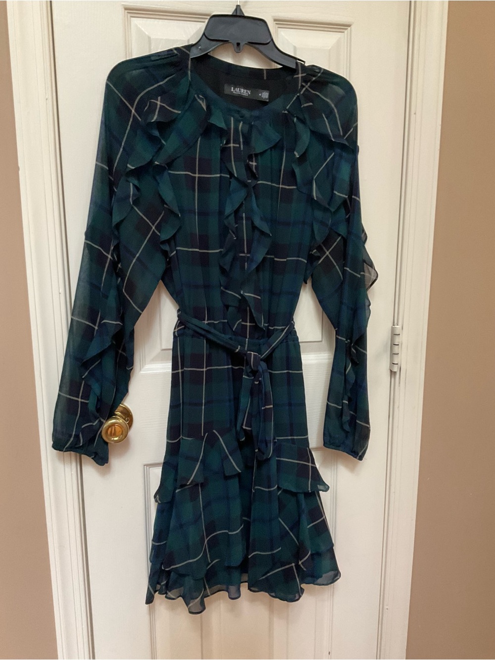 Lauren Ralph Lauren Dark Green Plaid Ruffle Tie-Waist Dress - Picture 2 of 6